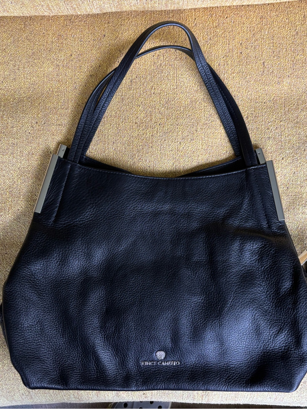 Vince Camuto Black Pebbled Leather Tote with Silver-Tone Accents